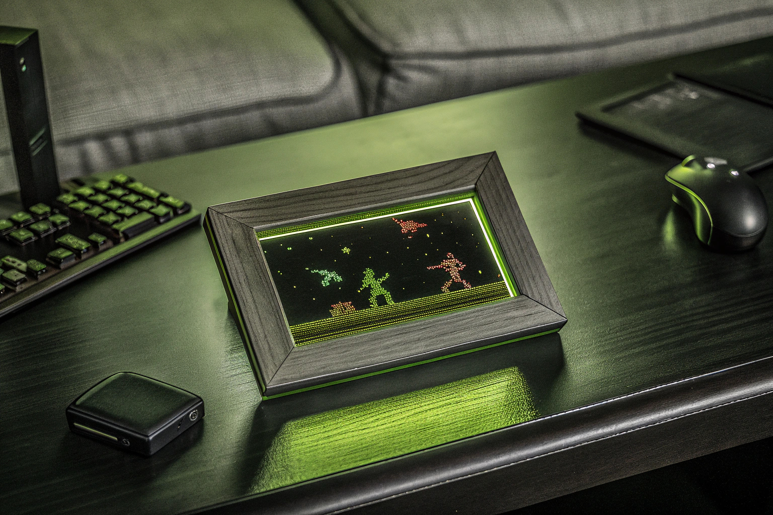 Ein digitaler Bilderrahmen, der verschiedene Designs und Animationen anzeigt. Digitaler Bilderrahmen mit Pixel Art