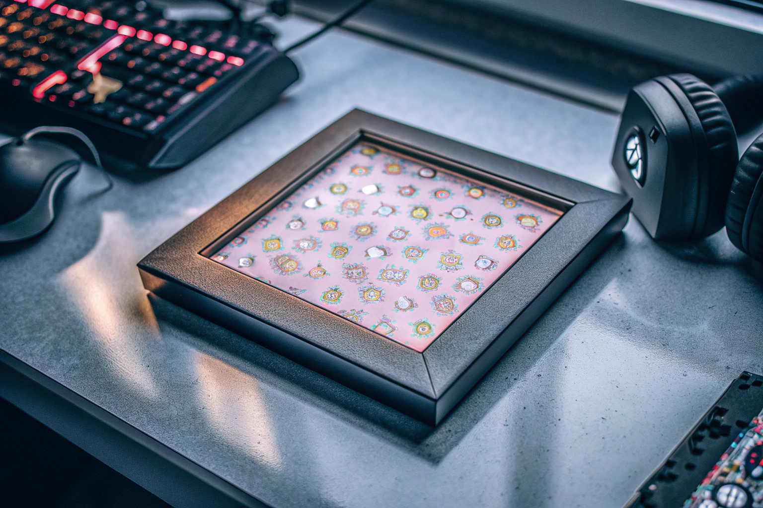 Ein digitaler Pixel Art Bilderrahmen, der auf einem Schreibtisch steht und bunte Pixelbilder anzeigt. Digitaler Pixel Art Bilderrahmen für Gamer