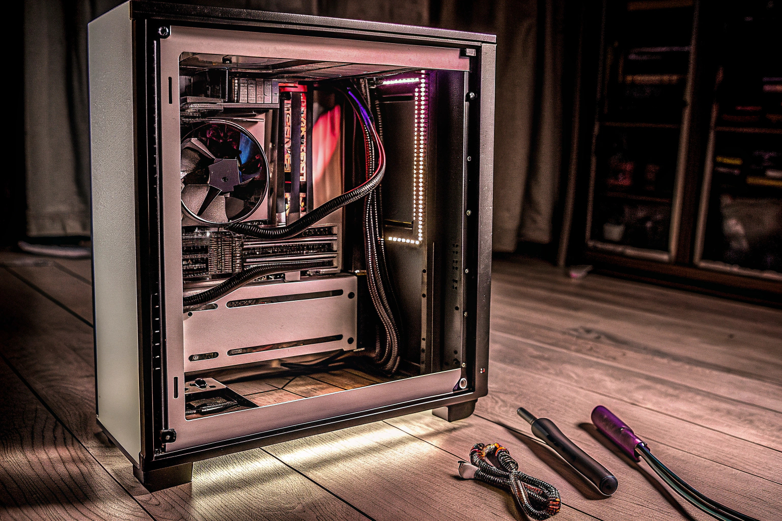 Ein DIY-Computergehäuse mit offenen Rahmen, das die Installation von PC-Komponenten erleichtert. DIY Computergehäuse