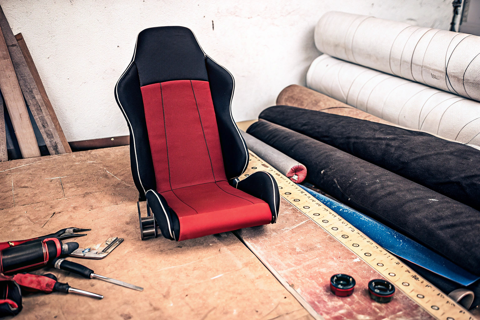 Ein DIY-Gaming-Stuhl-Projekt, das im Bauprozess ist, mit sichtbaren Werkzeugen und Materialien. DIY-Gaming-Stuhl im Bau