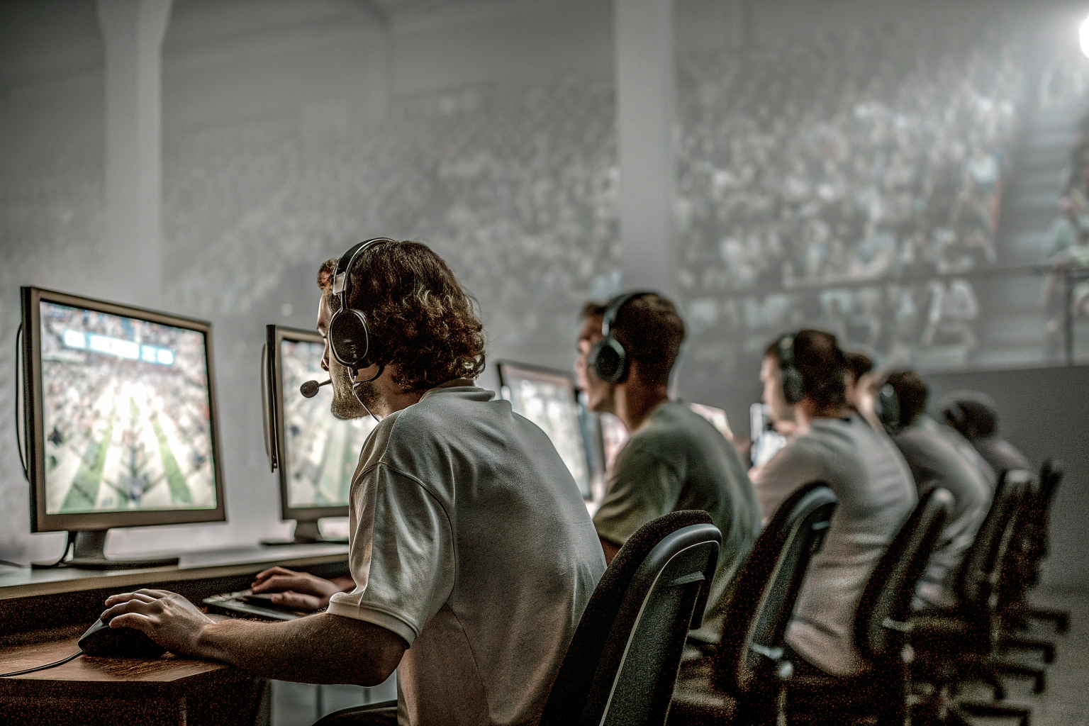 Ein E-Sport-Team bei einem Turnier. Die Spieler konzentrieren sich auf ihre Bildschirme. E-Sport-Team bei einem Turnier