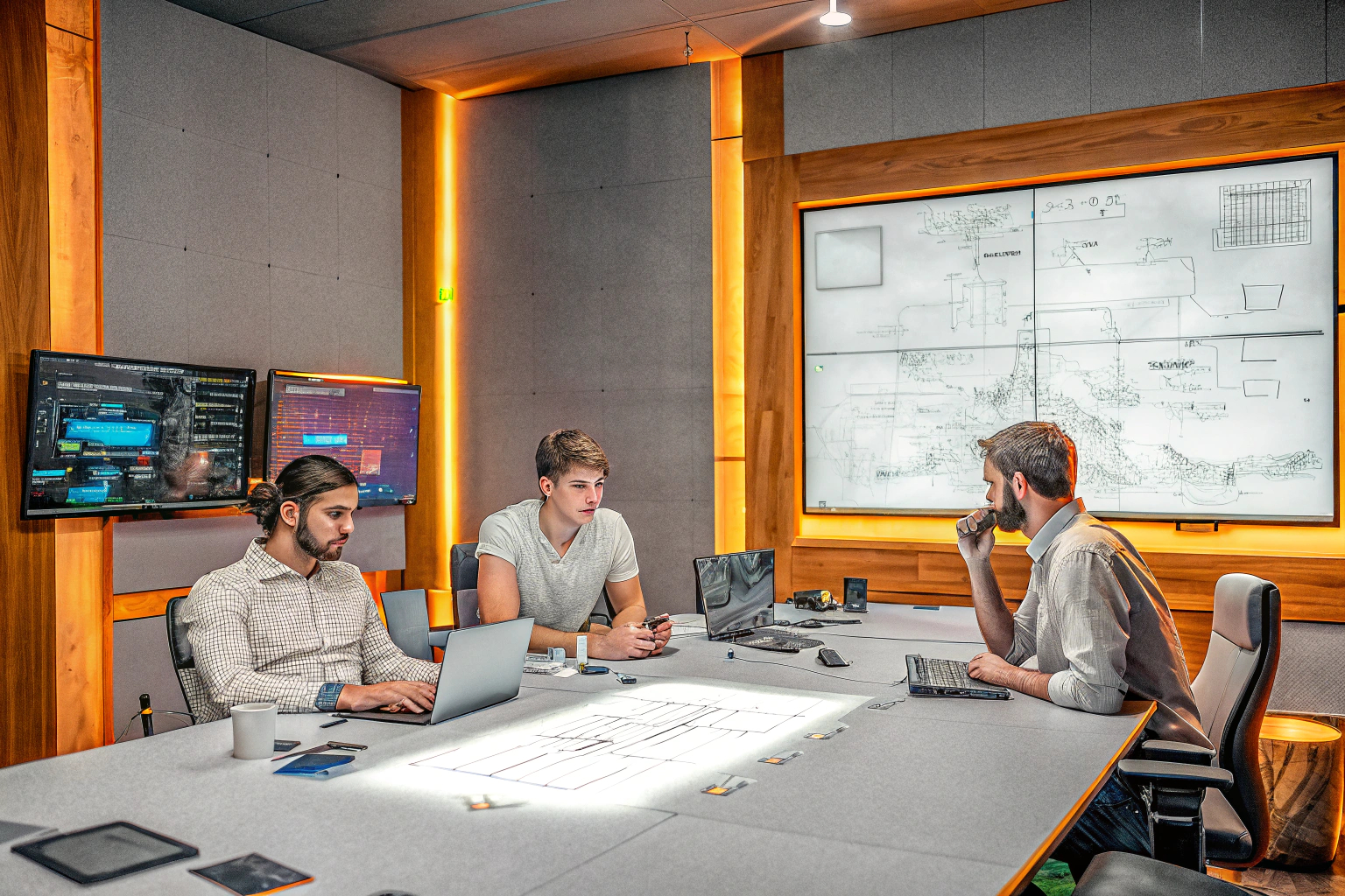 Ein E-Sport-Team bei einer Besprechung, um Strategien für ein bevorstehendes Turnier zu entwickeln. E-Sport-Team Meeting