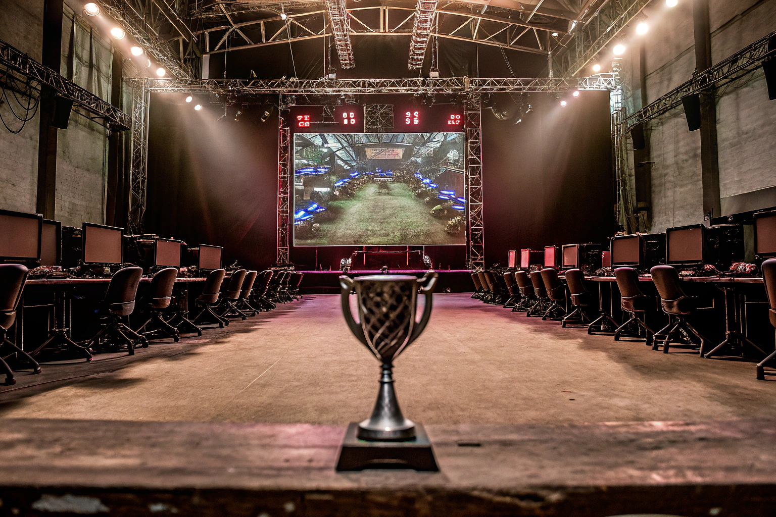 Ein E-Sport-Turnier, bei dem Spieler vor einem begeisterten Publikum gegeneinander antreten. E-Sport-Turnier