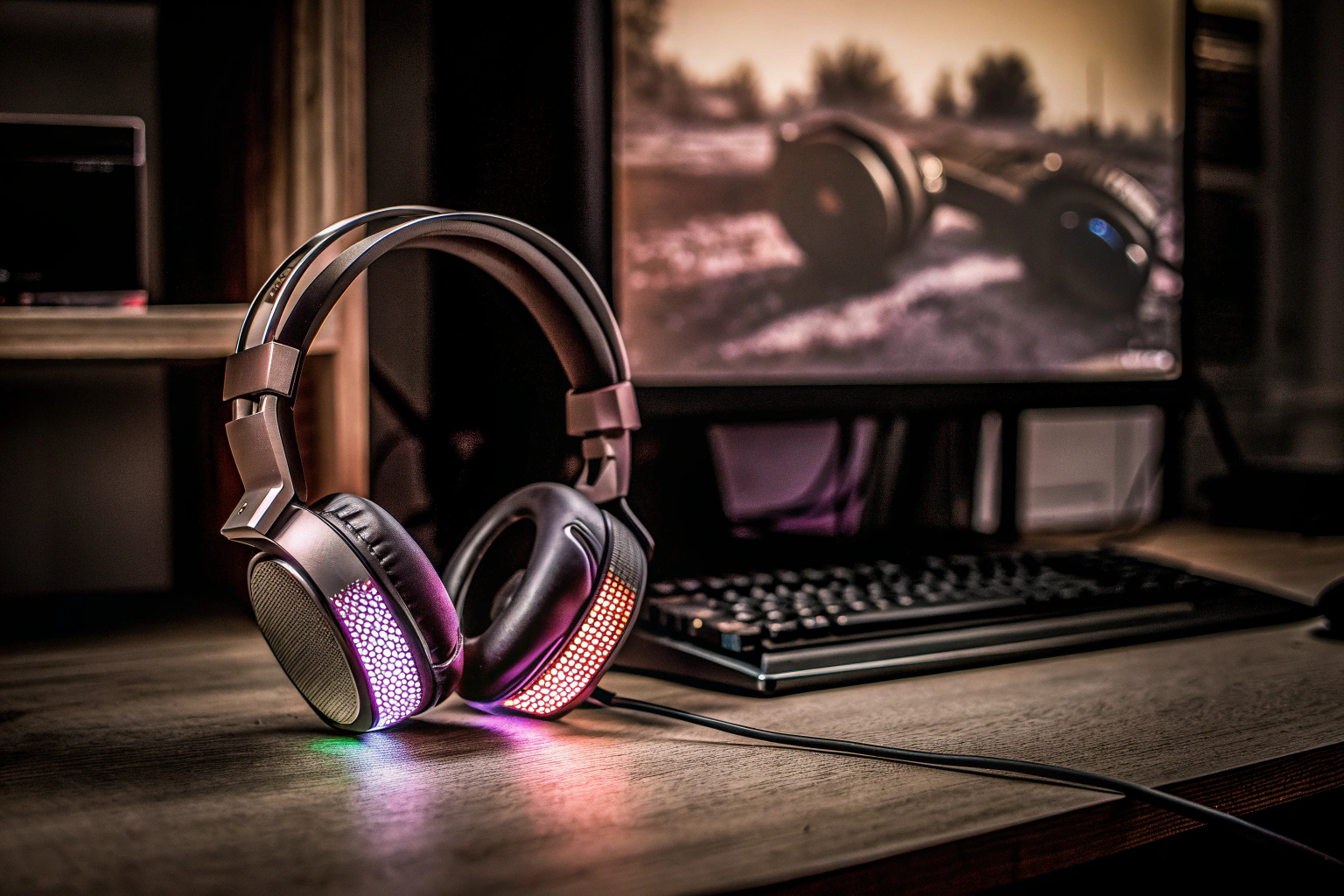 Ein EKSA E1000 Headset mit leuchtenden RGB-Lichtern auf einem Schreibtisch. EKSA E1000 USB PC Gaming Headset