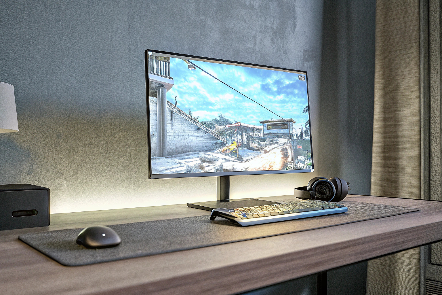 Ein eleganter Gaming-Setup mit dem Samsung M70D Smart Monitor, ideal für Streaming Samsung M70D Smart Monitor im Gaming-Setup