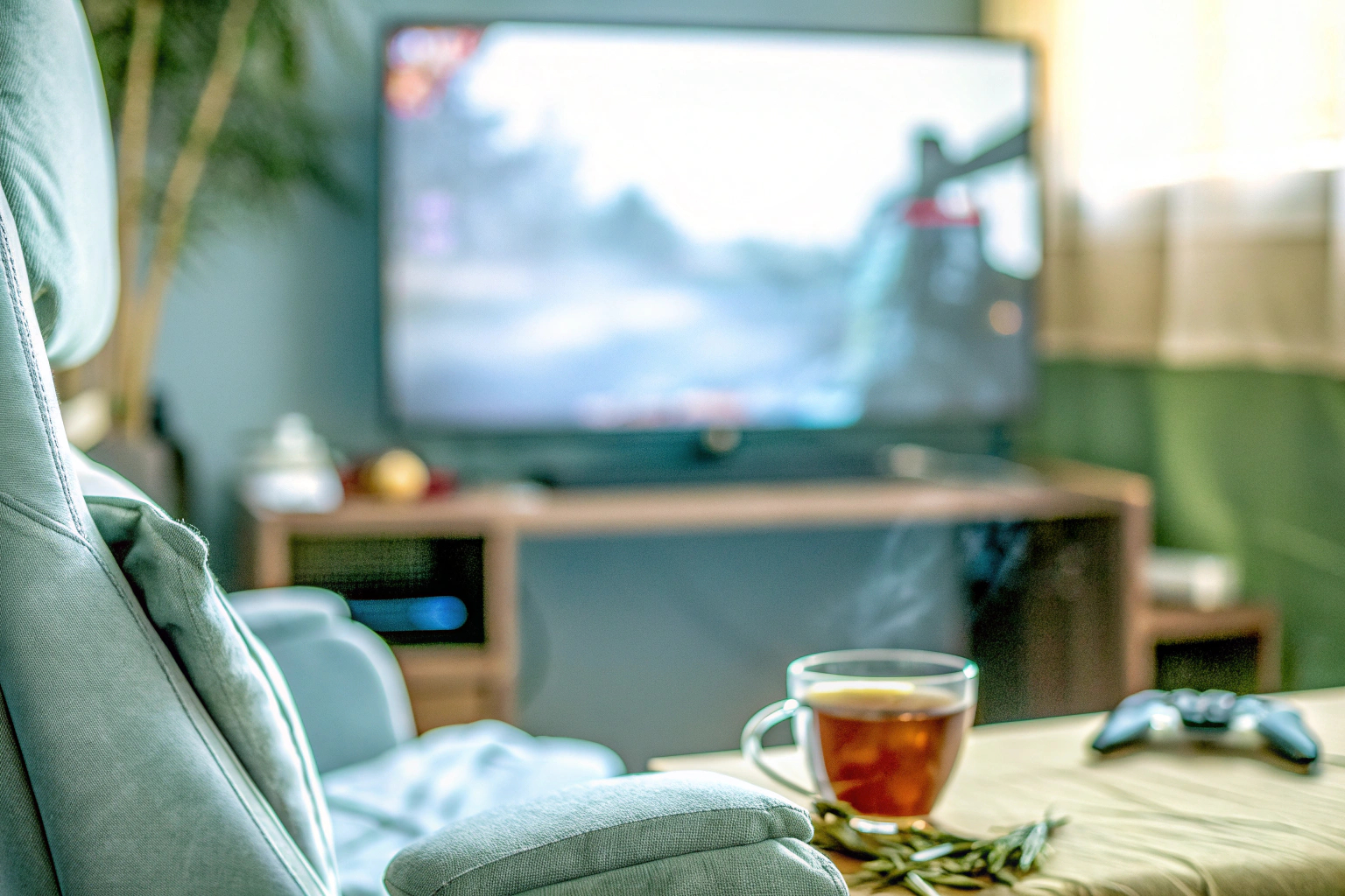 Ein entspannter Gamer, der vor seinem Bildschirm sitzt und ein Spiel genießt. Entspannter Gamer