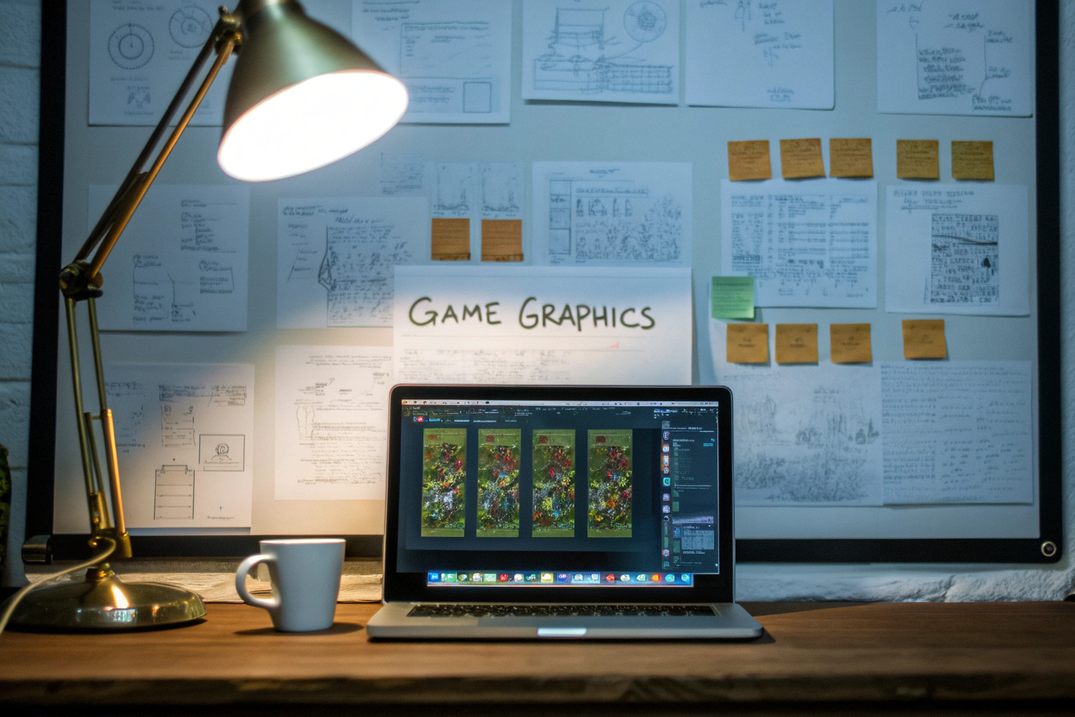 Ein Entwickler am Computer, der an einem Spielprojekt arbeitet, umgeben von Notizen und Konzeptzeichnungen. Spieleentwickler bei der Arbeit