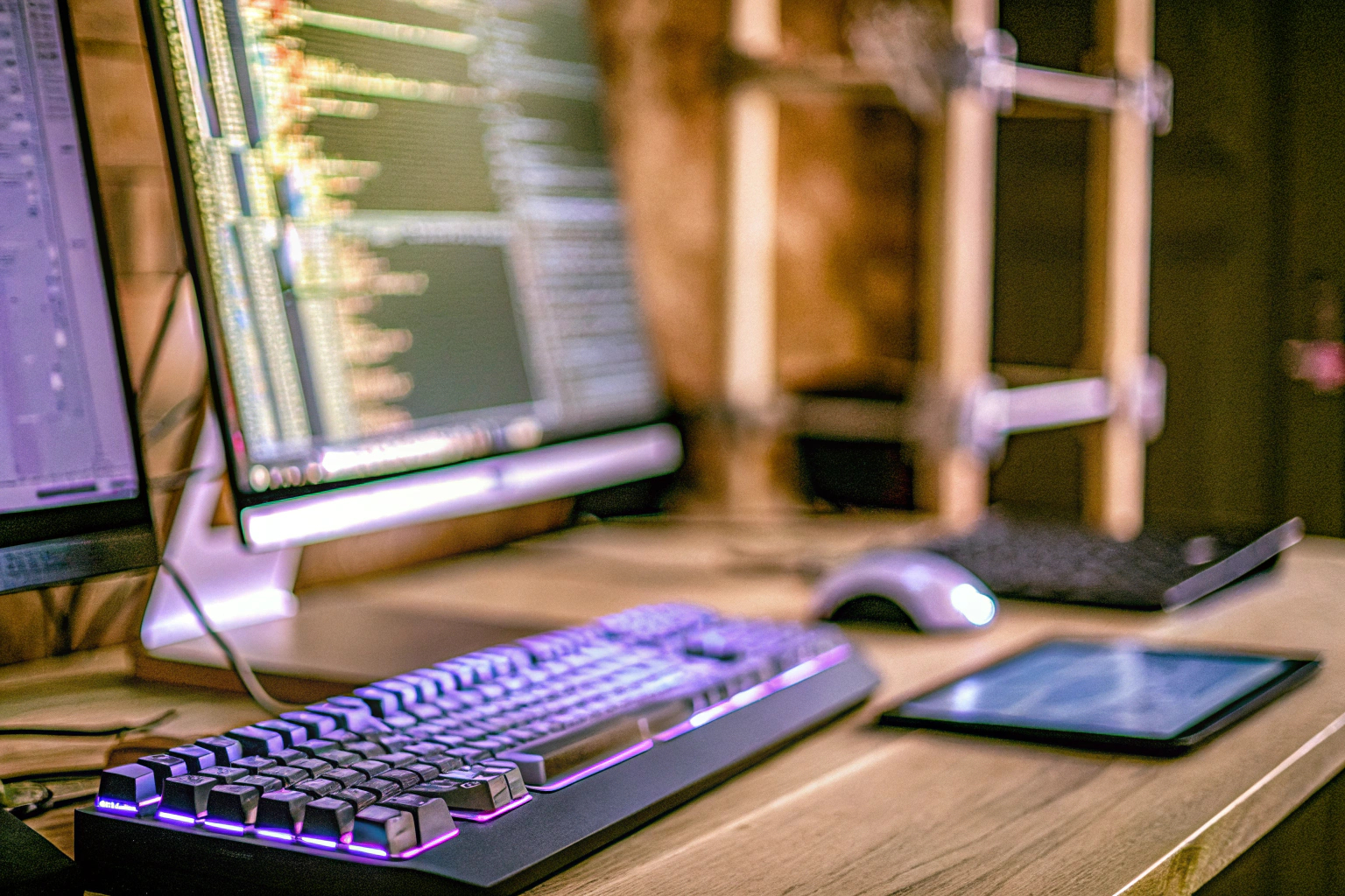 Ein Entwickler, der an einem Computer arbeitet und eine Spiele-Engine benutzt. Entwickler mit Spiele-Engine