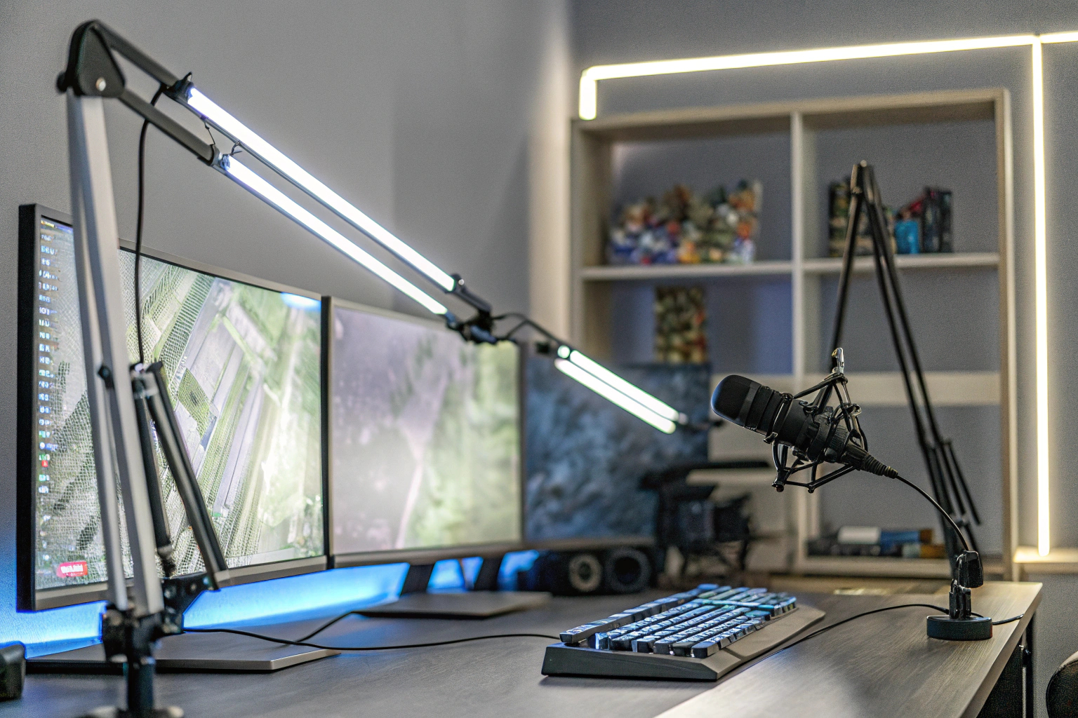 Ein erfolgreiches Streaming-Setup mit mehreren Monitoren und professionellem Equipment. Professionelles Streaming-Setup