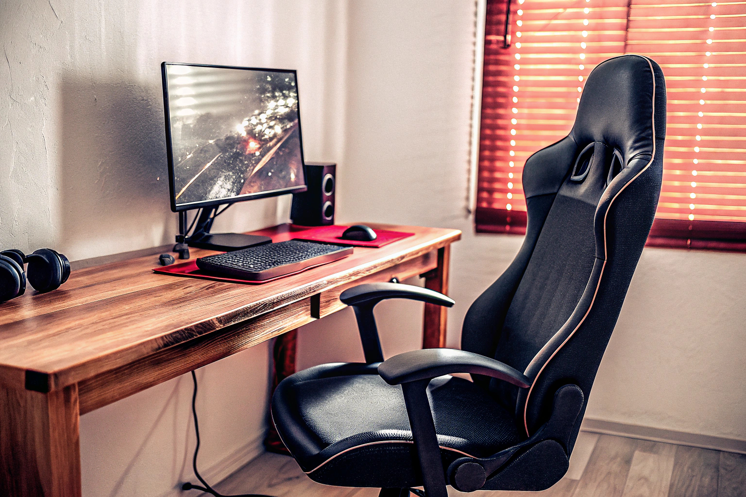 Ein ergonomisch gestalteter Gaming-Arbeitsplatz mit Stuhl, Tisch und Monitor. Ergonomischer Gaming-Arbeitsplatz