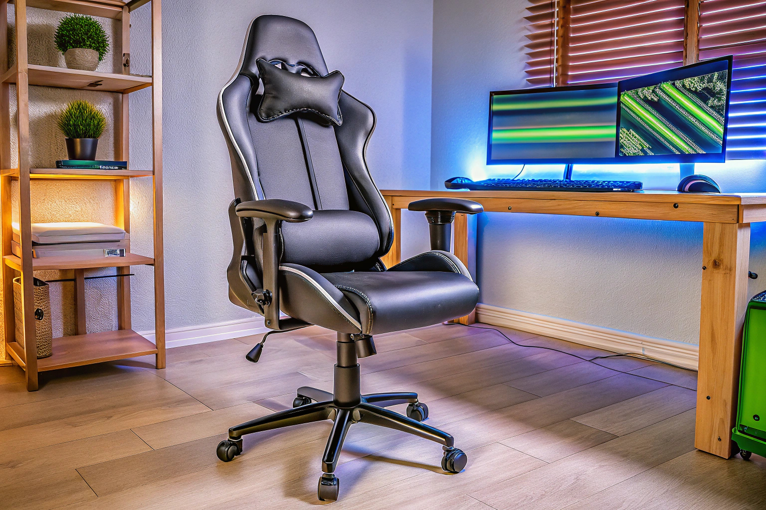 Ein ergonomischer Gaming-Stuhl in einem modernen Gaming-Setup, der für eine gesunde Sitzhaltung sorgt. Ergonomischer Gaming-Stuhl