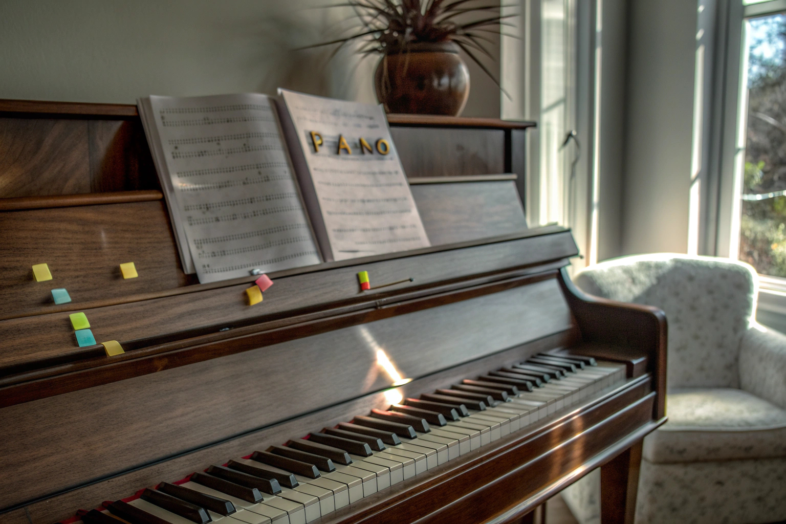 Ein Erwachsener übt das Klavierspielen mit Hilfe einer Notentabelle, um die Tasten und Noten besser zu verstehen. Erwachsener lernt Klavier mit Notentabelle