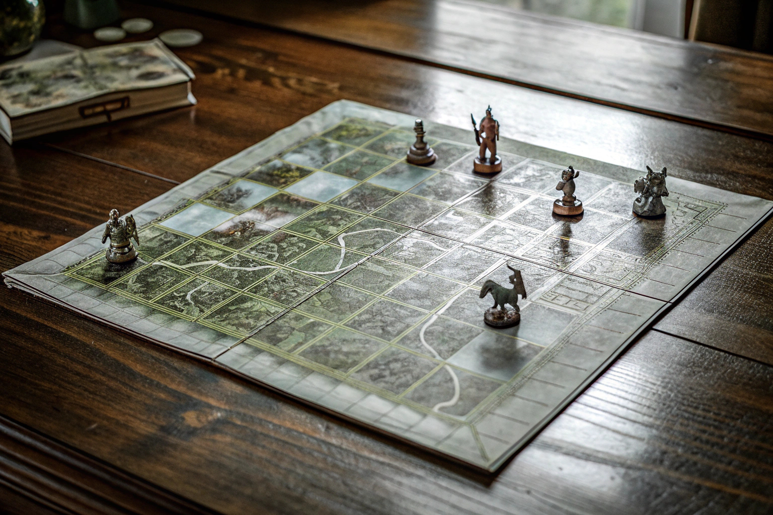 Ein Fantasy-Brettspiel mit detaillierten Spielfiguren und einer großen Karte. Detailreiches Fantasy-Brettspiel