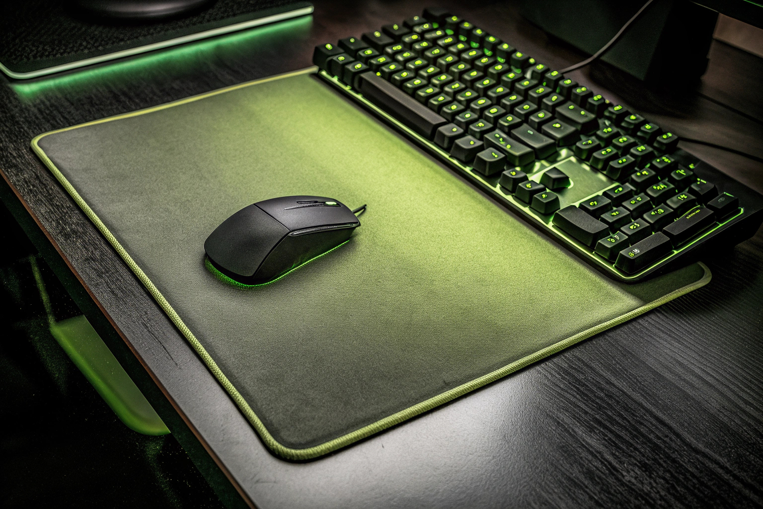 Ein farbenfrohes Gaming-Setup mit einem großen RGB-Mauspad. Gaming-Setup mit RGB-Mauspad