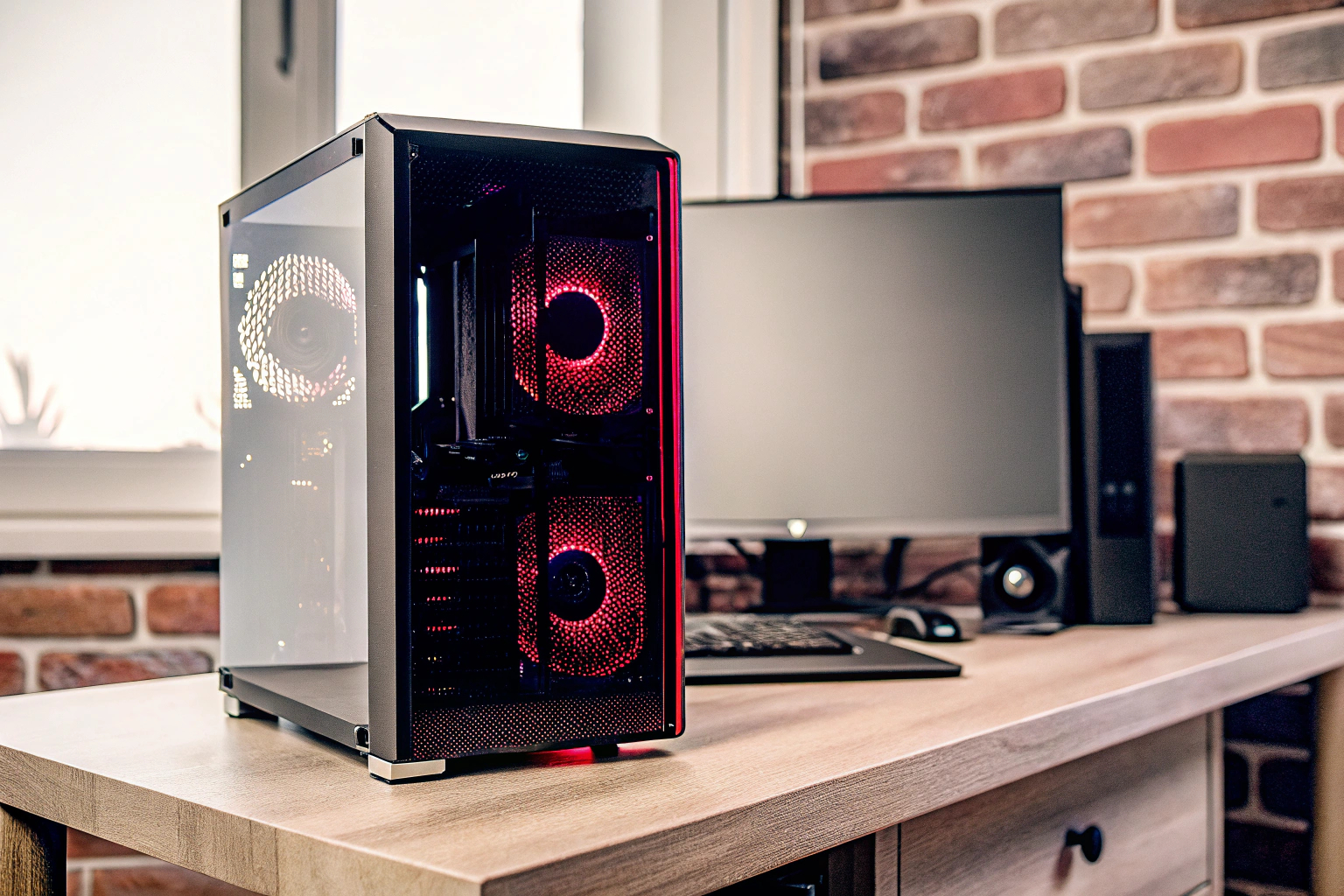 Ein fertiger Gaming-PC mit RGB-Beleuchtung auf einem Schreibtisch. Fertiger Gaming-PC