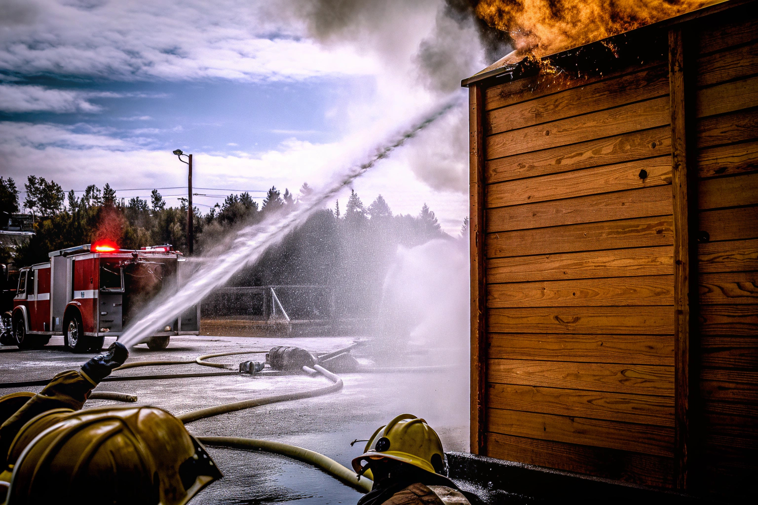 Ein Feuerwehrmann im Einsatz, der einen Brand löscht. Feuerwehrsimulation