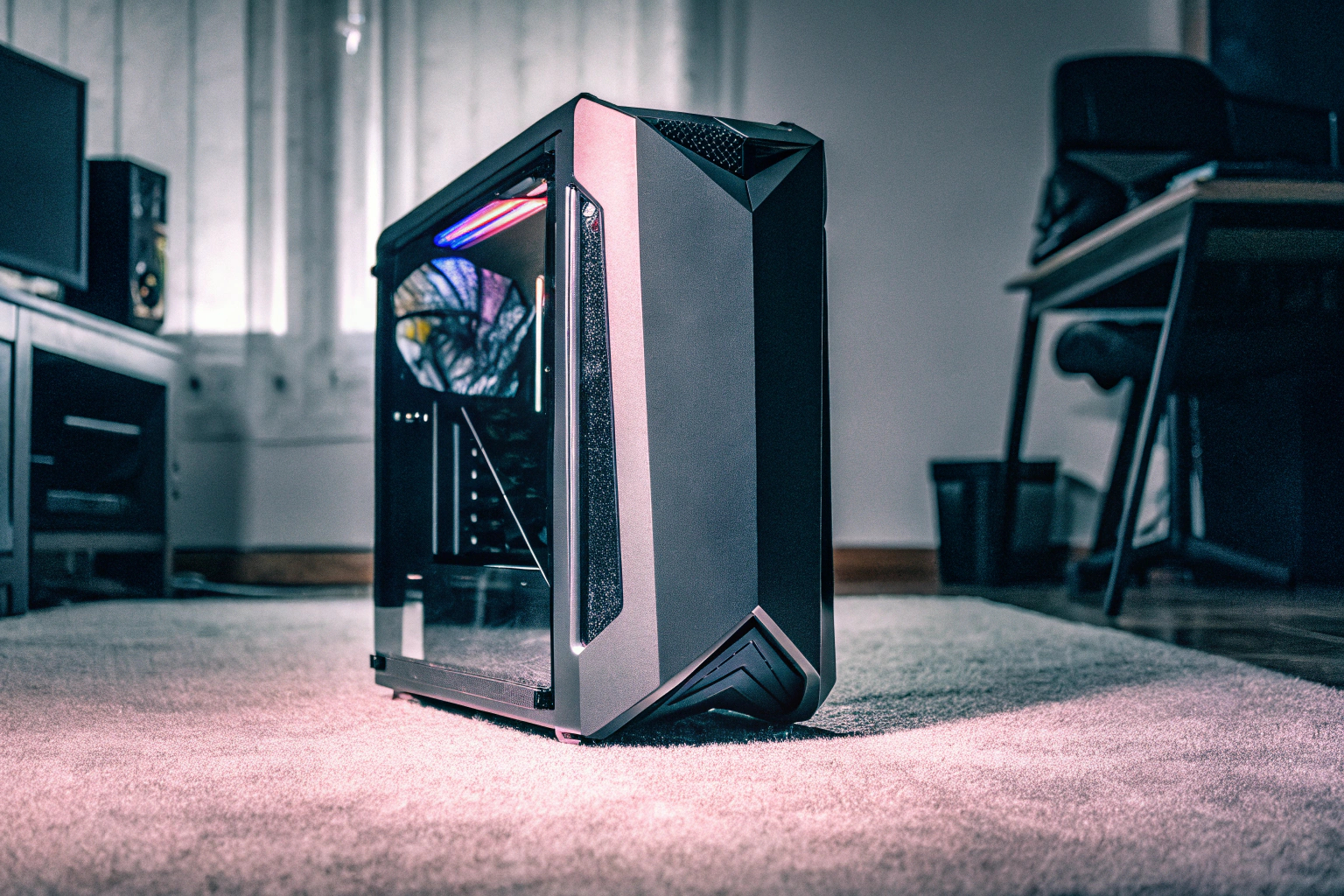Ein futuristisches Gaming-PC-Gehäuse mit sichtbarer RGB-Beleuchtung Futuristisches Gaming-PC-Gehäuse mit RGB