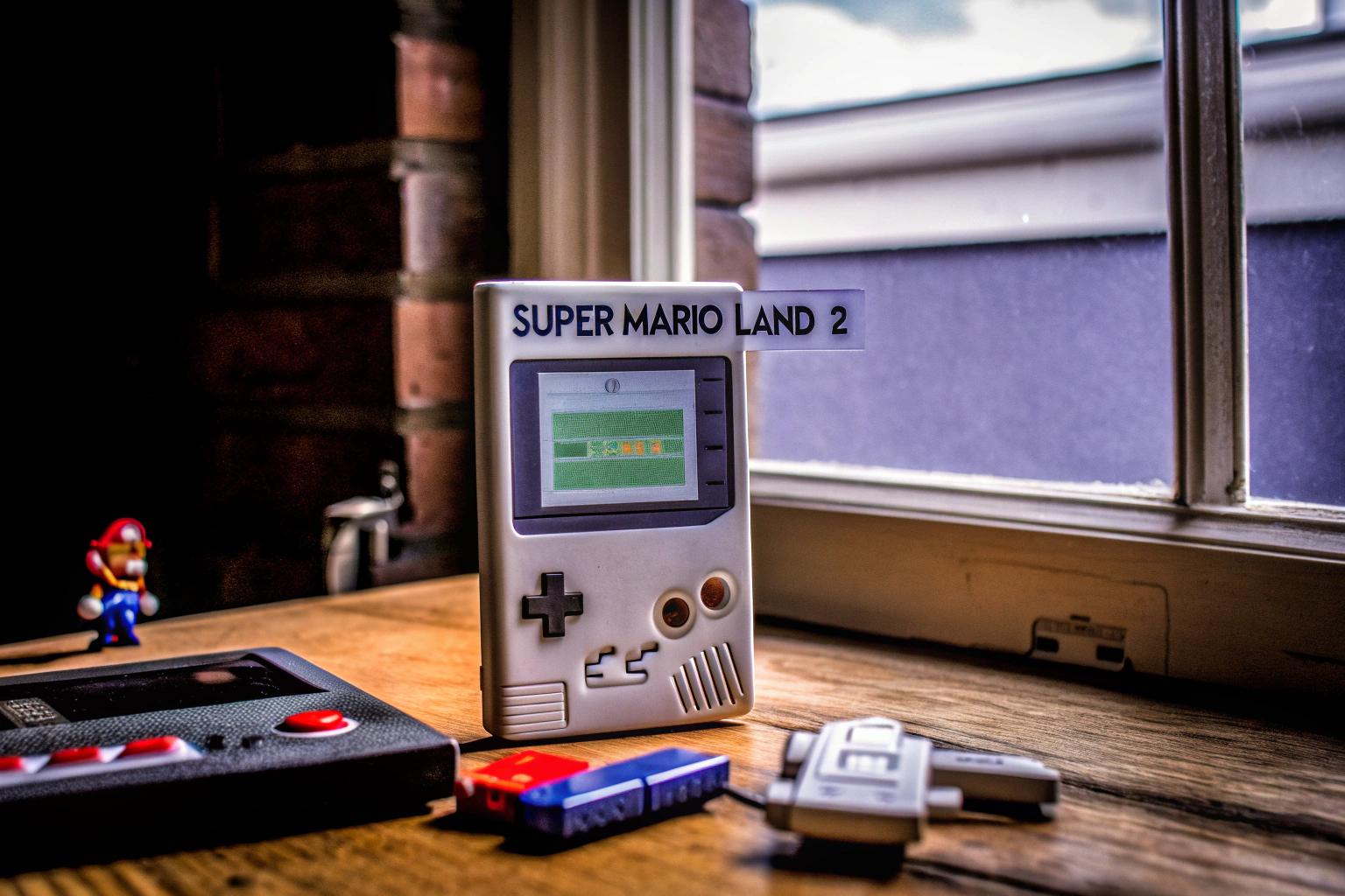 Ein Game Boy mit dem Spiel Super Mario Land 2, bereit für ein neues Abenteuer. Super Mario Land 2 auf dem Game Boy
