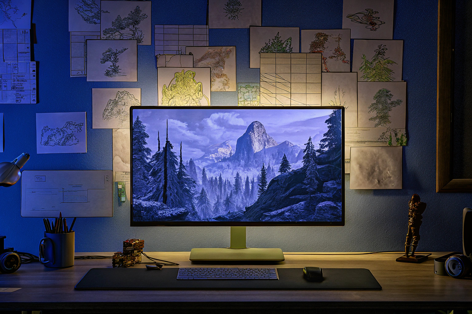 Ein Game Designer, der an einer Spielwelt arbeitet und Story-Elemente entwickelt. Game Designer beim Entwickeln der Story