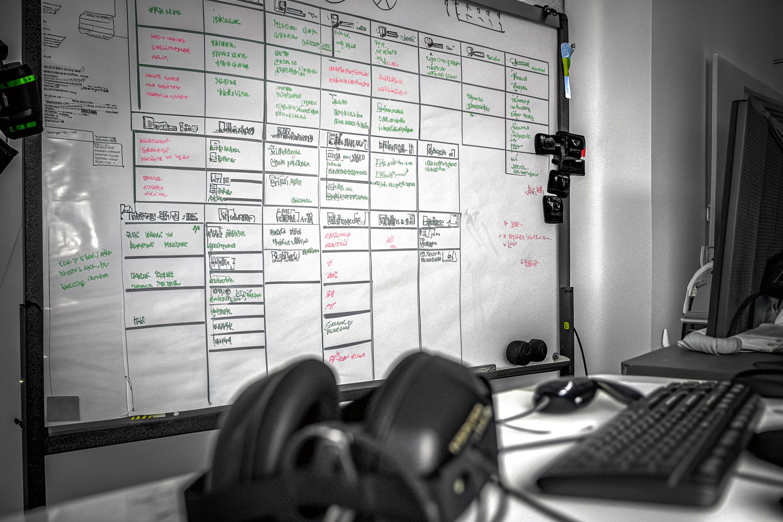 Ein Game Tester, der einen detaillierten Testplan auf einem Whiteboard erstellt, um den Testablauf eines neuen Spiels zu strukturieren. Game Tester erstellt Testplan