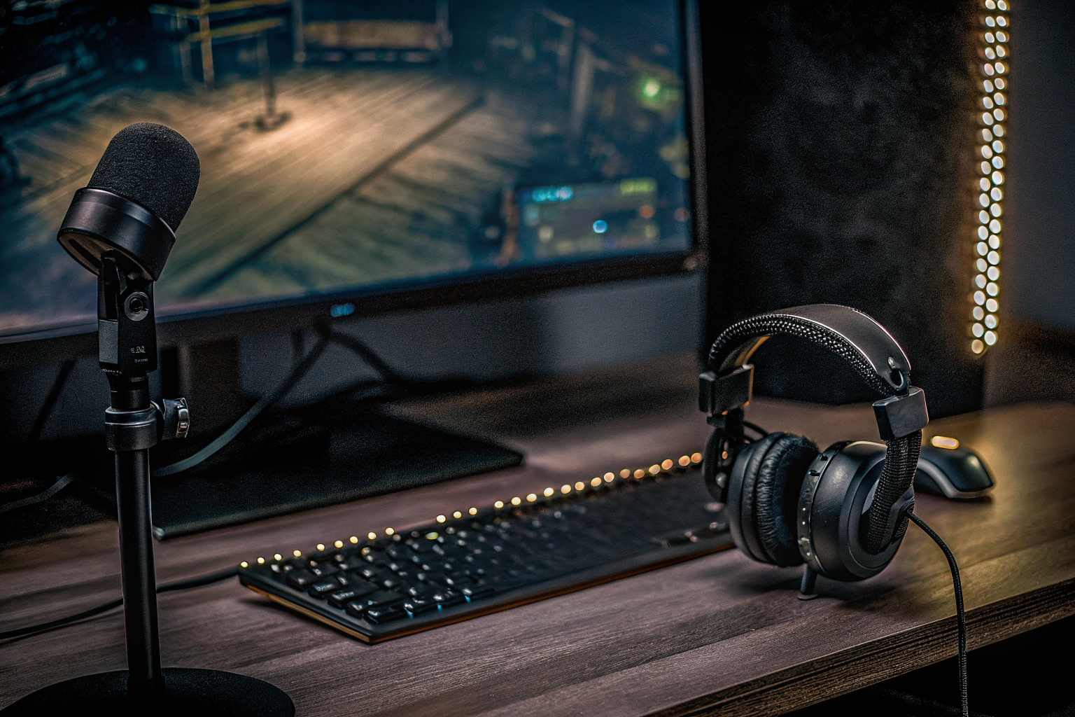 Ein Gamer an einem Schreibtisch mit einem hochwertigen Mikrofon und Headset. Gamer mit Mikrofon und Headset