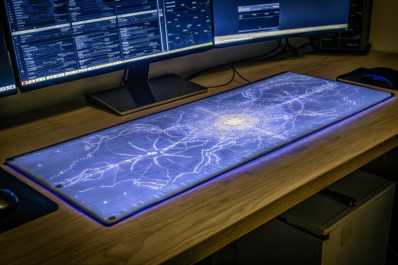 Ein Gamer arbeitet an einem Schreibtisch mit einer großen Schreibtischunterlage und einem Musikspektrum-Display Gamer-Setup mit Schreibtischunterlage und Musikspektrum-Display