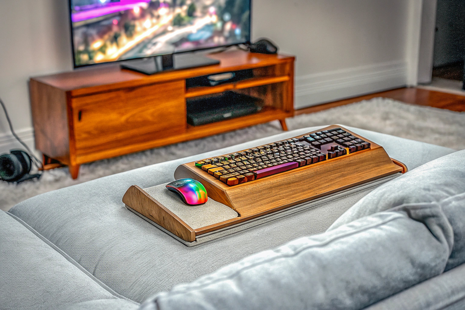 Ein Gamer auf einem ergonomischen Lapdesk, der auf der Couch spielt. Gamer auf Lapdesk