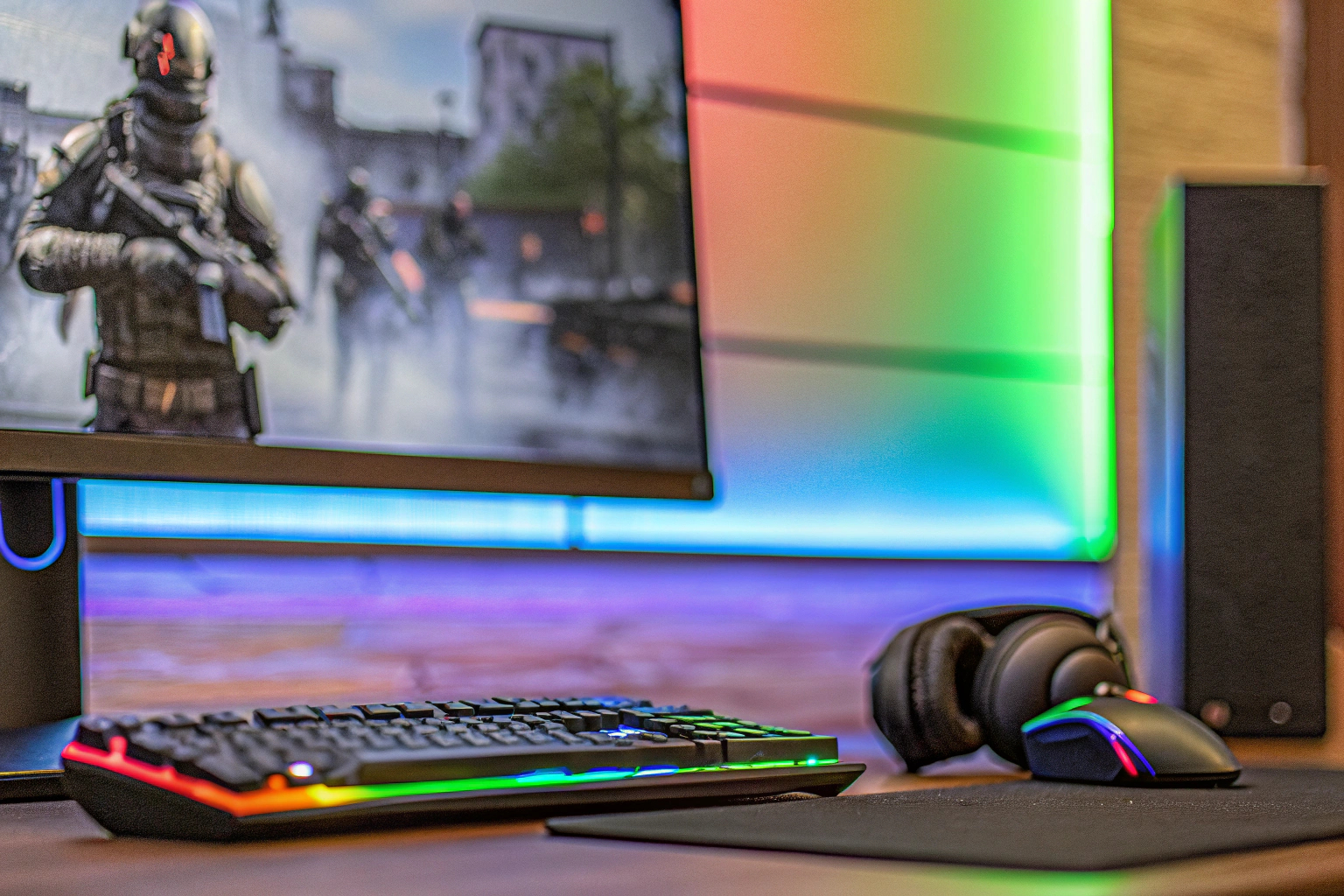 Ein Gamer, der an einem Computer spielt, mit einer Sicherheitssoftware im Hintergrund aktiv. Gamer mit Sicherheitssoftware
