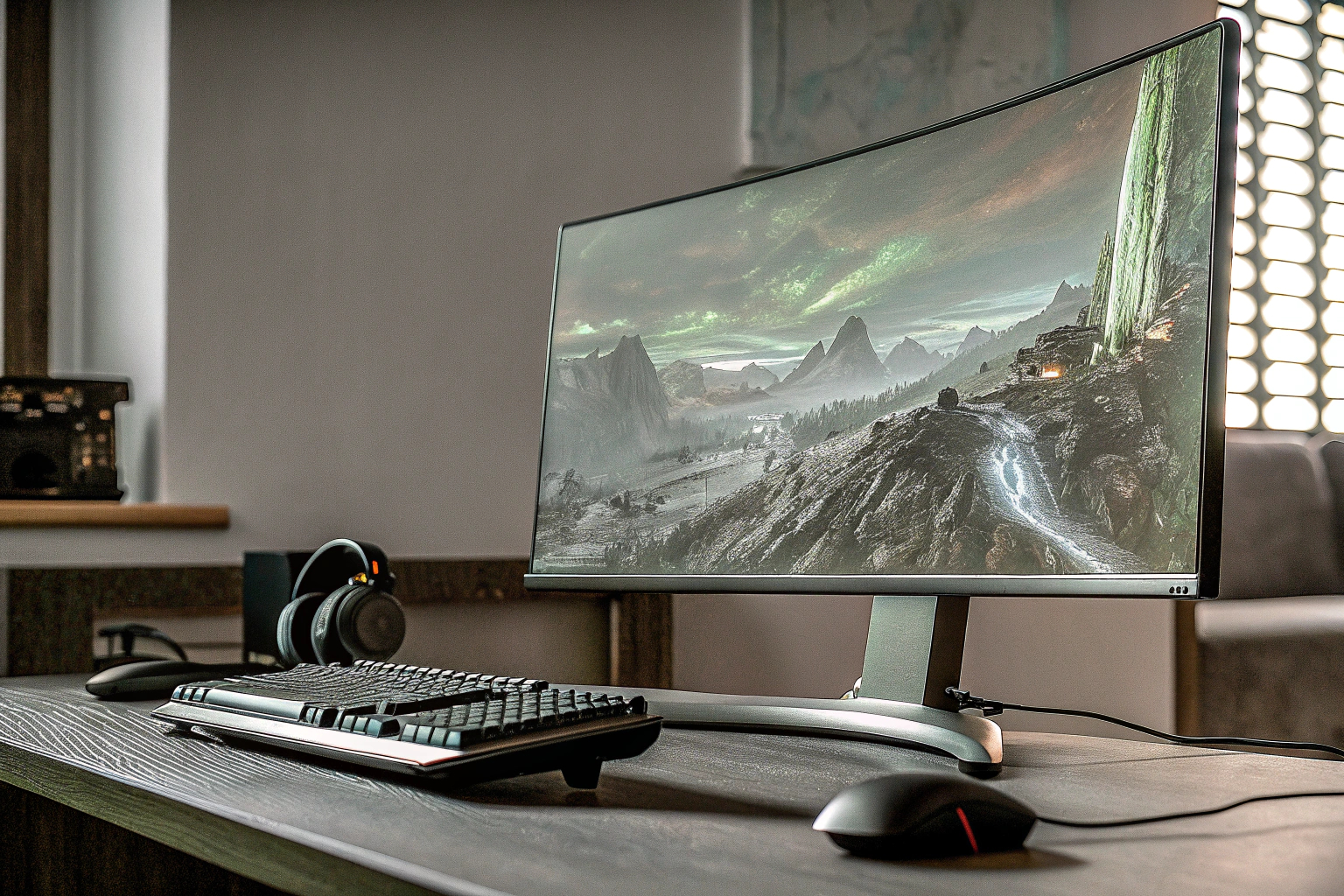 Ein Gamer, der an einem Curved-Monitor spielt Gaming am Curved-Monitor