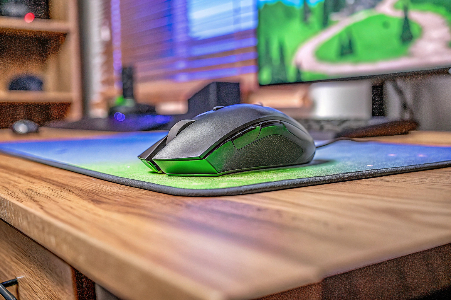 Ein Gamer, der an einem ergonomischen Schreibtisch sitzt, mit einem Gaming-Mauspad und einer Gaming-Maus. Ergonomisches Gaming-Setup