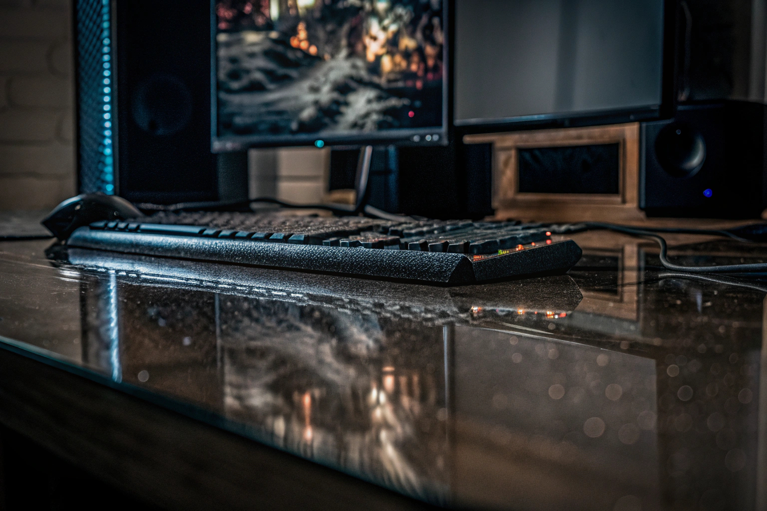 Ein Gamer, der an einem High-End Gaming-PC spielt und ein intensives Spiel erlebt. Gamer an einem High-End-PC