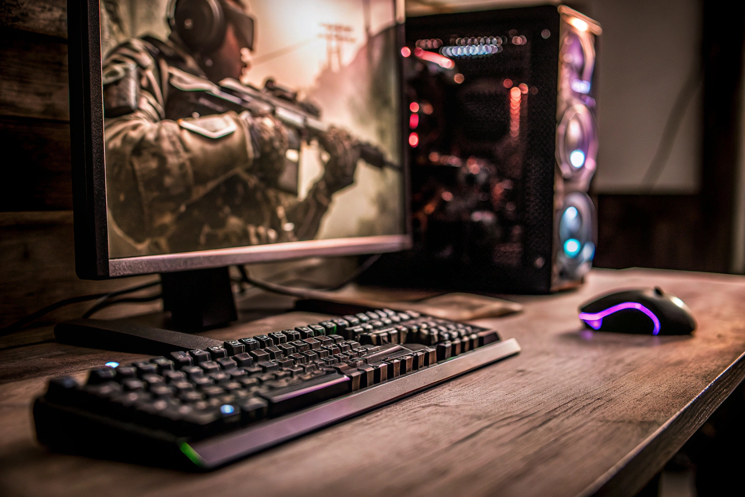 Ein Gamer, der an einem leistungsstarken PC spielt, umgeben von Gaming-Zubehör. Gamer mit Gaming-Zubehör