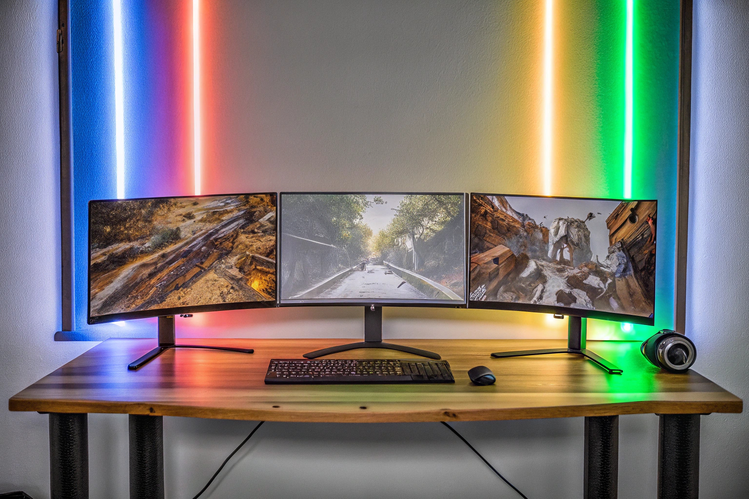 Ein Gamer, der an einem modernen Setup mit mehreren Monitoren spielt. Gamer mit modernem Monitor-Setup