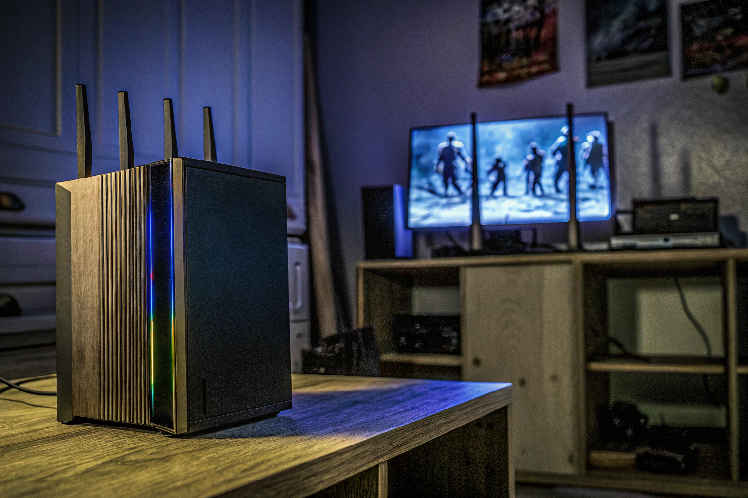 Ein Gamer, der an einem PC spielt und ein Gaming-Router im Hintergrund zu sehen ist. Gamer mit Gaming-Router