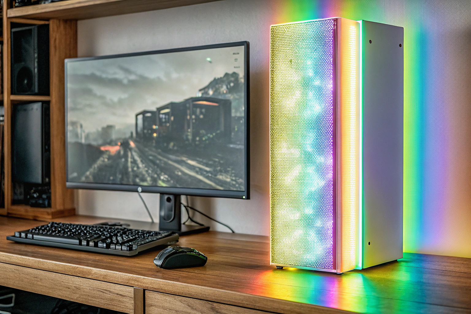 Ein Gamer, der an einem PC spielt und von verschiedenen RGB-Beleuchtungen umgeben ist. Gamer mit RGB-Beleuchtung