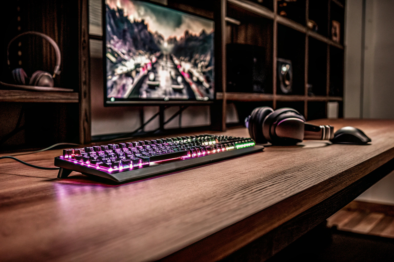 Ein Gamer, der an einem professionellen Gaming-Setup spielt, das Monitore, Tastaturen und Maus umfasst. Professionelles Gaming-Setup