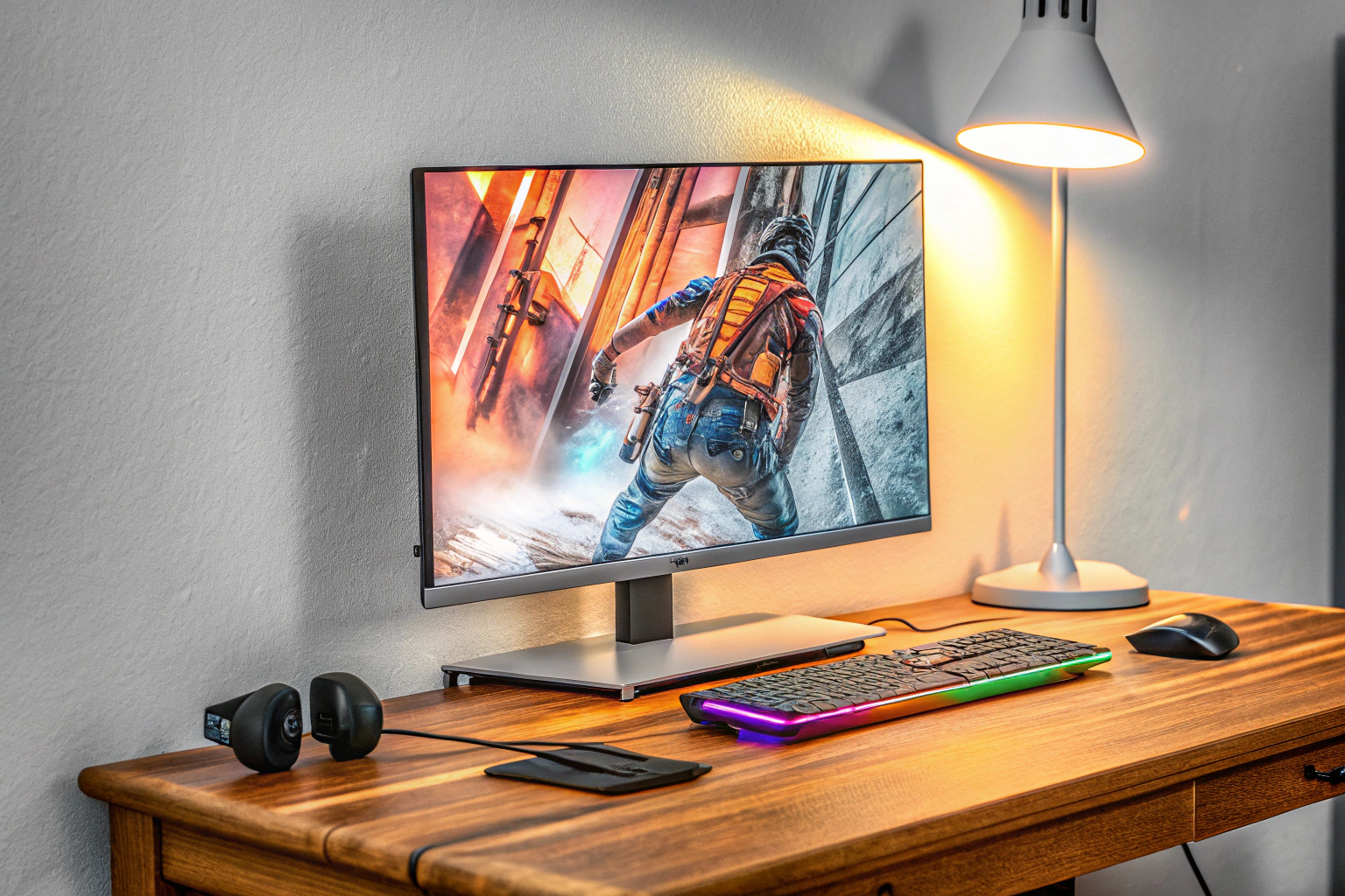 Ein Gamer, der an einem Schreibtisch mit einem AOC Gaming Monitor spielt. Gamer mit AOC Monitor