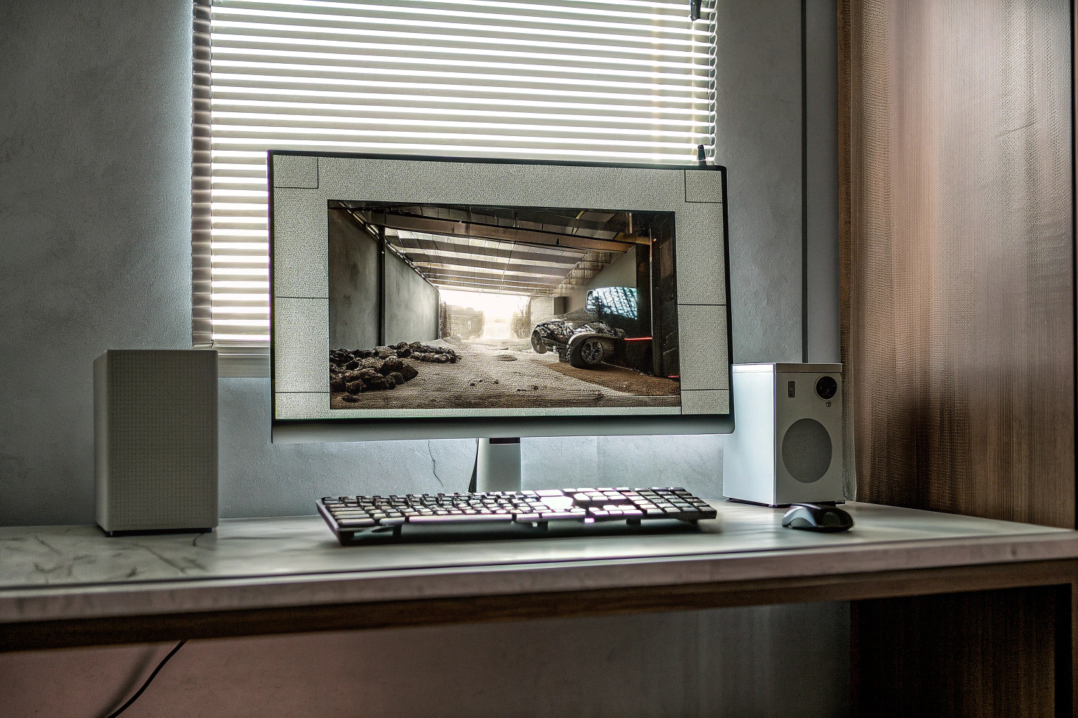 Ein Gamer, der an einem Schreibtisch mit einem leistungsstarken Gaming-Setup spielt, einschließlich eines 400Hz-Monitors. Leistungsstarkes Gaming-Setup