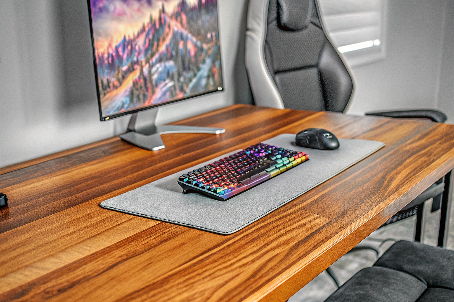 Ein Gamer, der an einem Schreibtisch mit optimierter Hardware und Zubehör spielt. Gamer mit optimiertem Setup