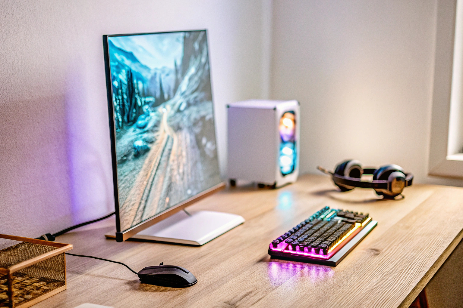 Ein Gamer, der an einem Schreibtisch sitzt und ein Spiel auf einem leistungsfähigen PC spielt. Gamer am PC