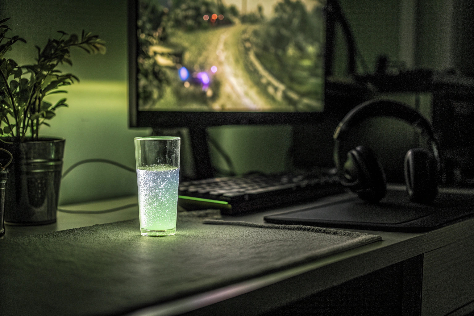 Ein Gamer, der an seinem Schreibtisch sitzt und ein Glas mit Elektrolytgetränk in der Hand hält. Gamer mit Elektrolytgetränk