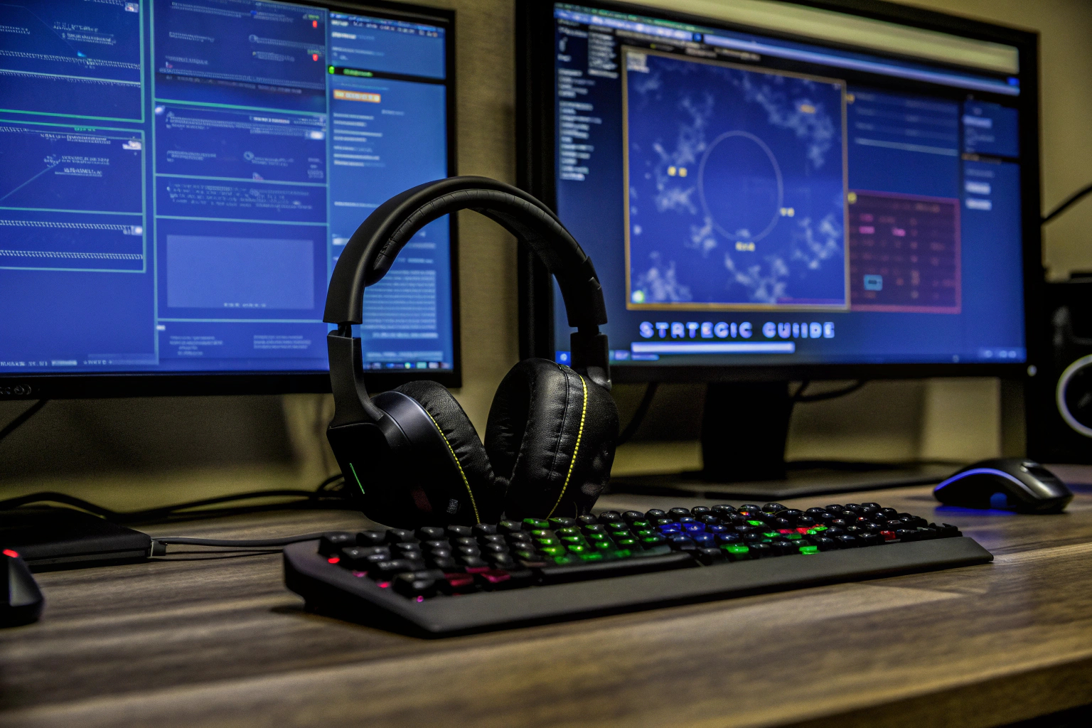 Ein Gamer, der auf einem Bildschirm einen strategischen Ratgeber liest. Gamer mit Ratgeber