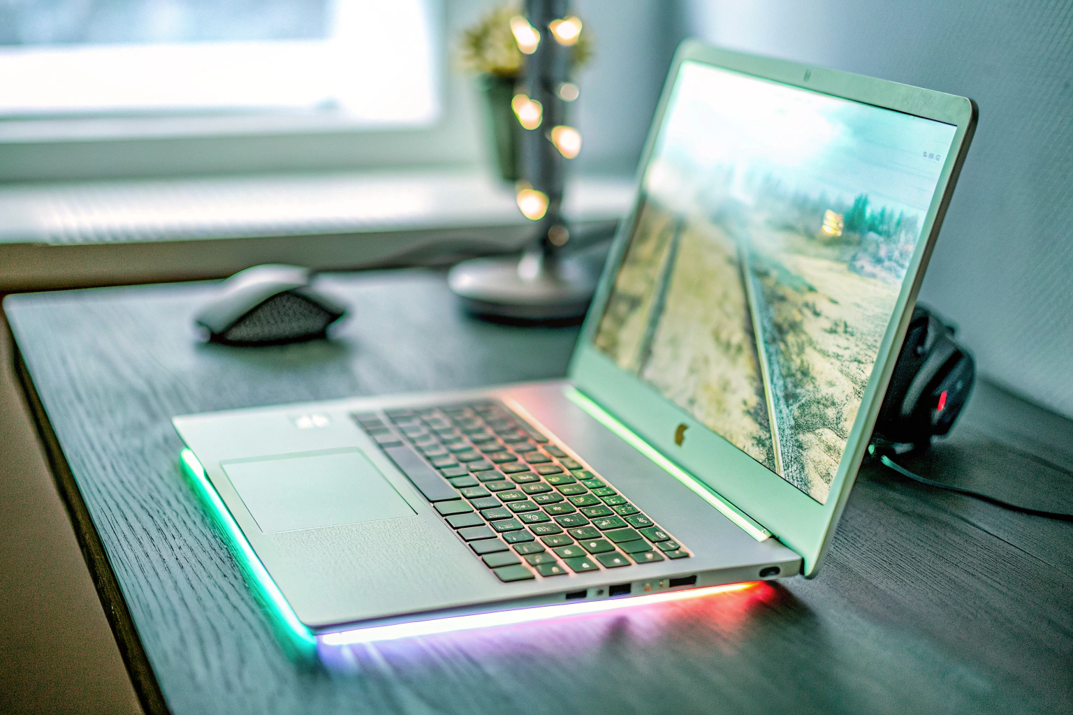 Ein Gamer, der auf einem leistungsstarken Laptop ein intensives Spiel spielt. Gamer spielt auf Laptop