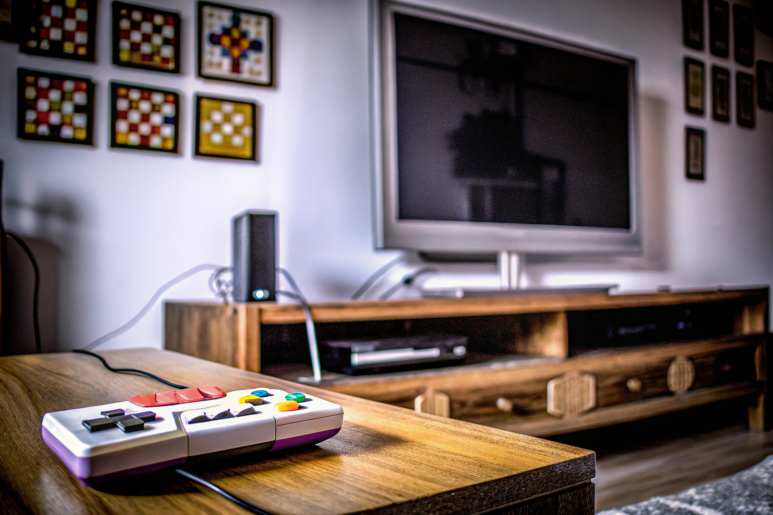 Ein Gamer, der auf einem modernen Fernseher mit einem Retro-Controller ein altes Spiel spielt. Gamer mit Retro-Controller