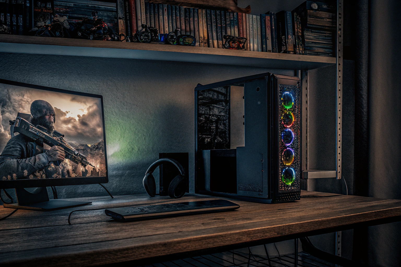 Ein Gamer, der auf einem PC spielt, umgeben von EA-Spielen. EA Spiele auf Origin