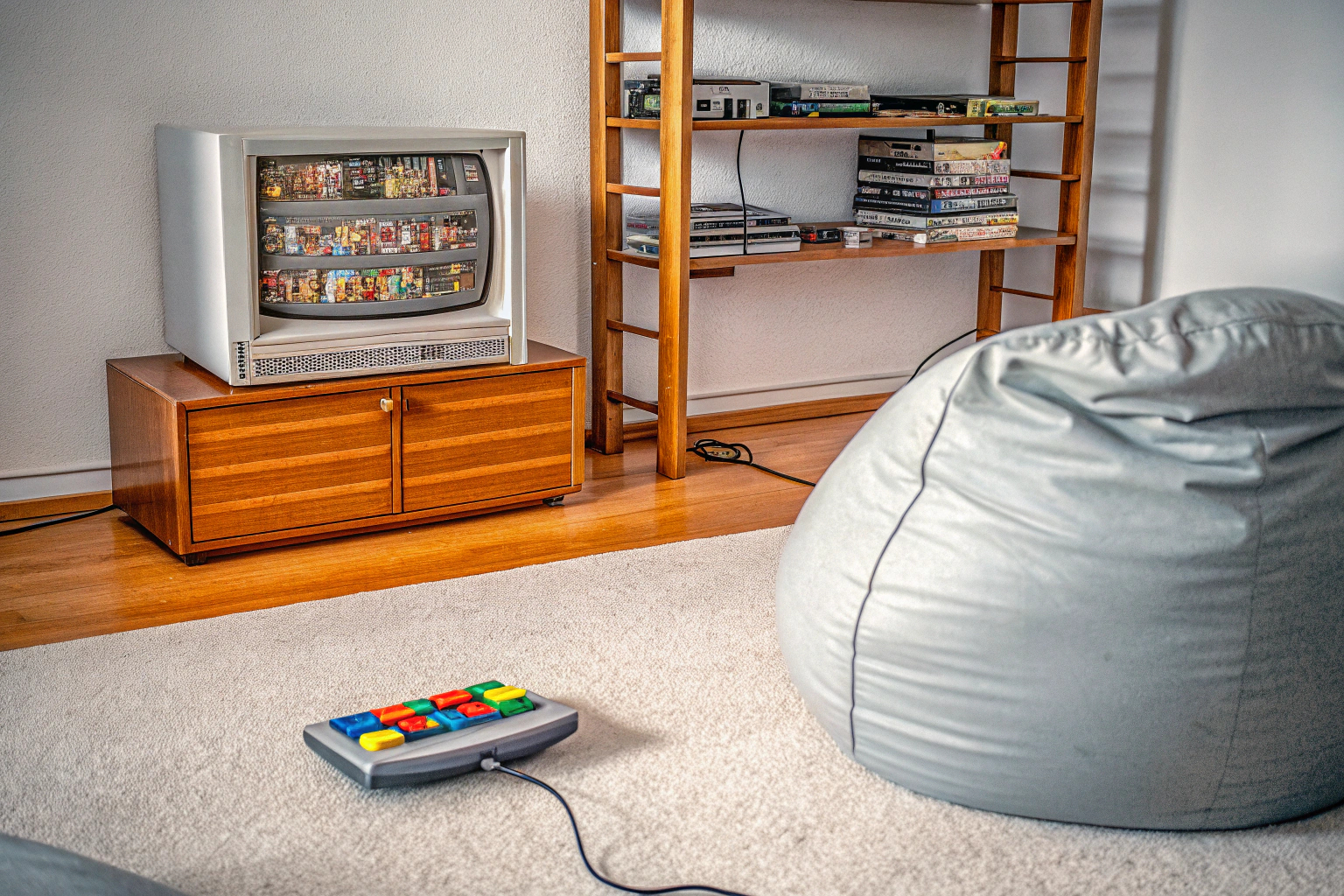 Ein Gamer, der auf einer retro-inspirierten Konsole ein Indie-Spiel spielt. Indie-Spiel auf Retro-Konsole