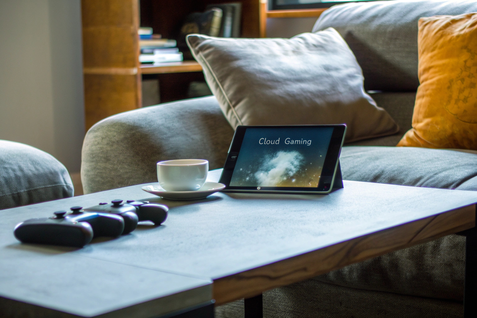 Ein Gamer, der Cloud-Gaming auf einem Tablet ausprobiert, während er sich auf einem gemütlichen Sofa entspannt. Cloud-Gaming auf einem Tablet