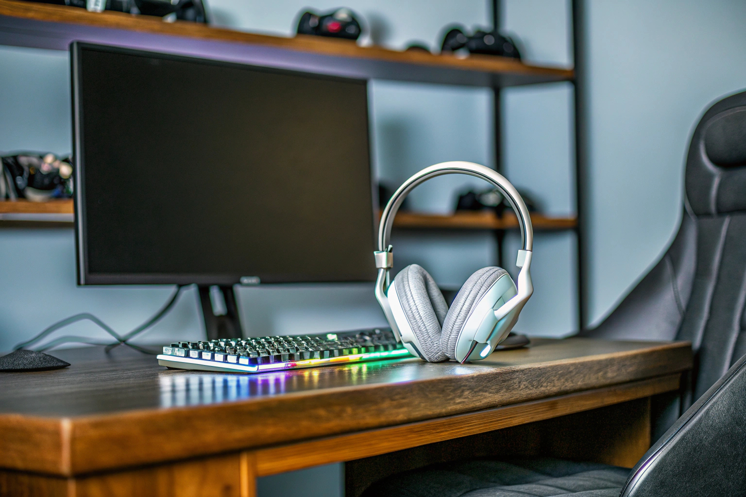 Ein Gamer, der das Logitech G733 LIGHTSPEED Headset trägt und von den RGB-Lichtern seines Gaming-Setups umgeben ist. Logitech G733 LIGHTSPEED Headset