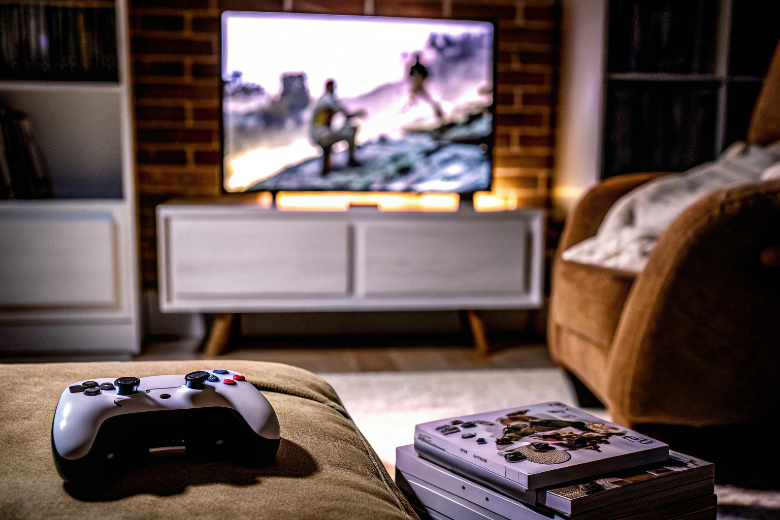 Ein Gamer, der ein Action-Adventure-Spiel auf einer Konsole spielt Gamer spielt Action-Adventure
