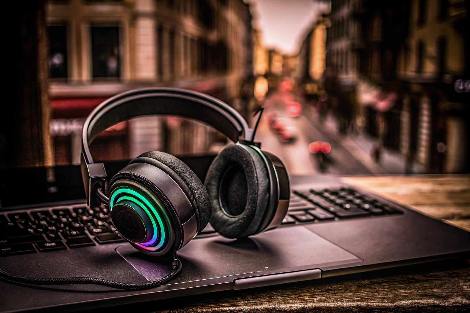 Ein Gamer, der ein Gaming-Headset trägt und auf einem Laptop spielt Gamer mit Headset am Laptop
